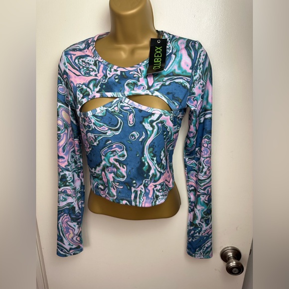 Club Exx X Dolls Kill Pink Blue Techno Angel Cutout Long Sleeves Crop Top NWT M - Picture 1 of 16